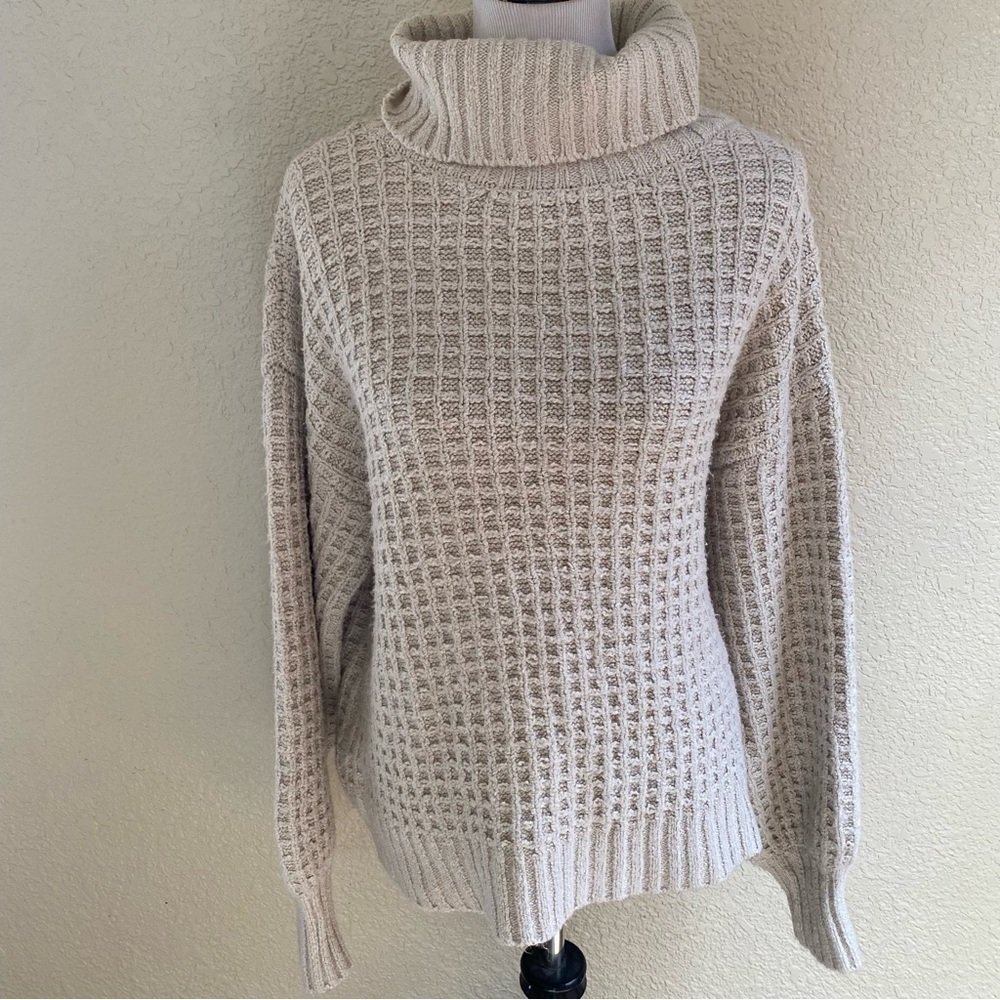 By Together Sweater Waffle Knit Chunky Turtle Neck Brown Tan: Large
